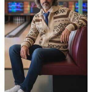 Paul Jones Mens Sz Medium Big Lebowski Dude Full Zip Tan Aztec Cardigan Sweater